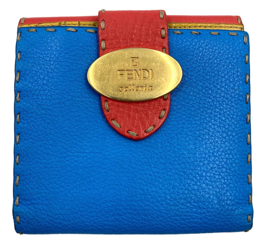 FENDI Selleria Bifold Wallet Multicolor Leather Blue Red Gold HW Italy Vintage