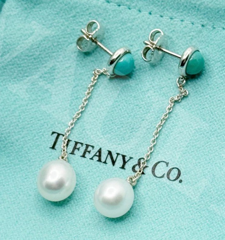 Excellent Tiffany & Co By The Yard Turquoise Pearl Drop Earrings Silver 925