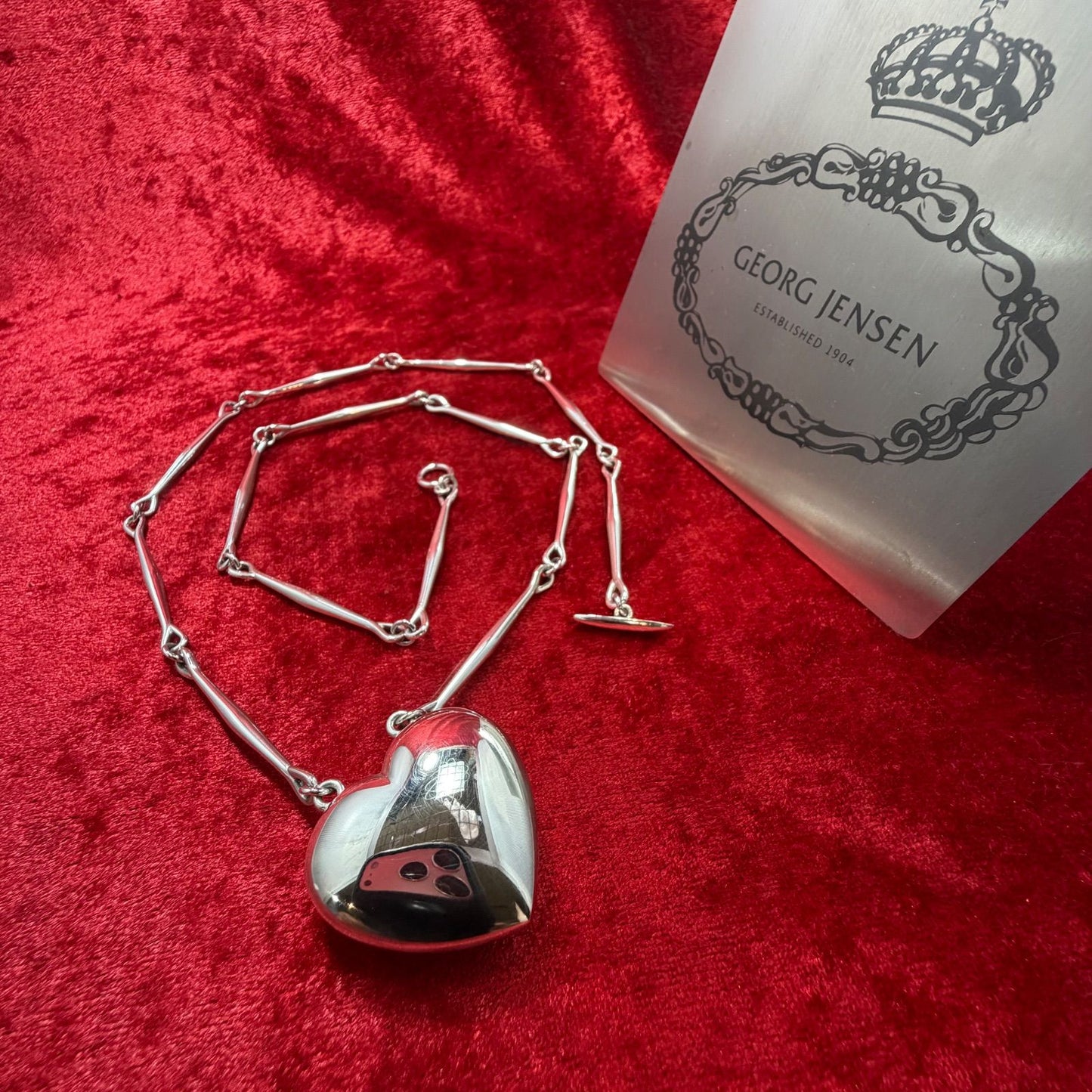 Georg Jensen Puffed Heart Necklace #126B Sterling Silver 925 Bar Link Pendant