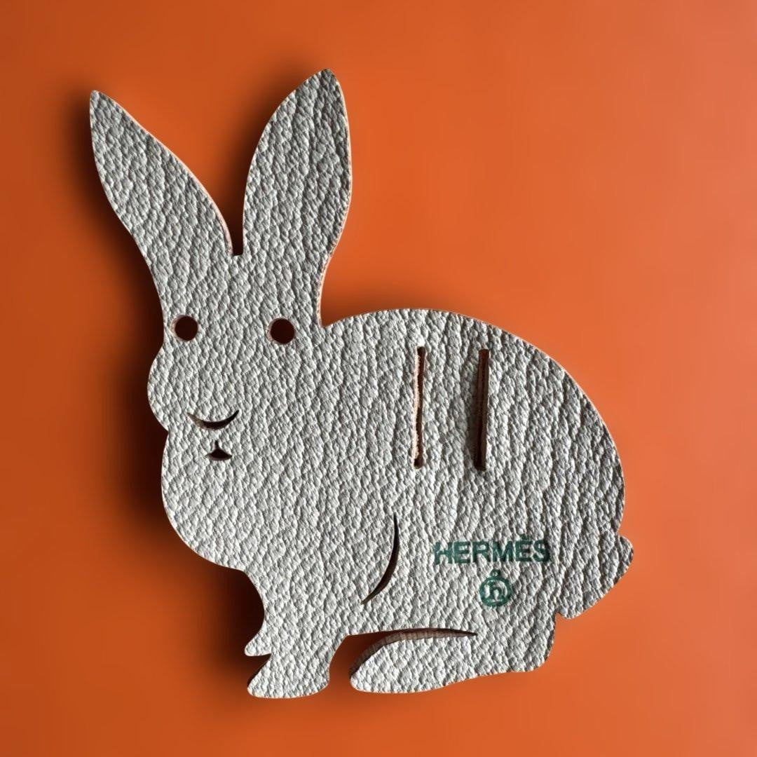 HERMES Rabbit Charm Leather Cutout Motif Ornament Gray Taurillon Clemence