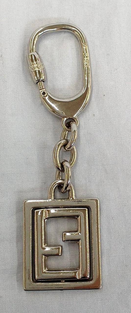 FENDI Zucca FF Logo Keychain Key Ring Charm Silver Tone Metal Italy Vintage
