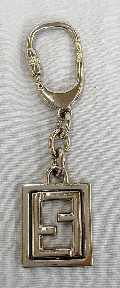 FENDI Zucca FF Logo Keychain Key Ring Charm Silver Tone Metal Italy Vintage
