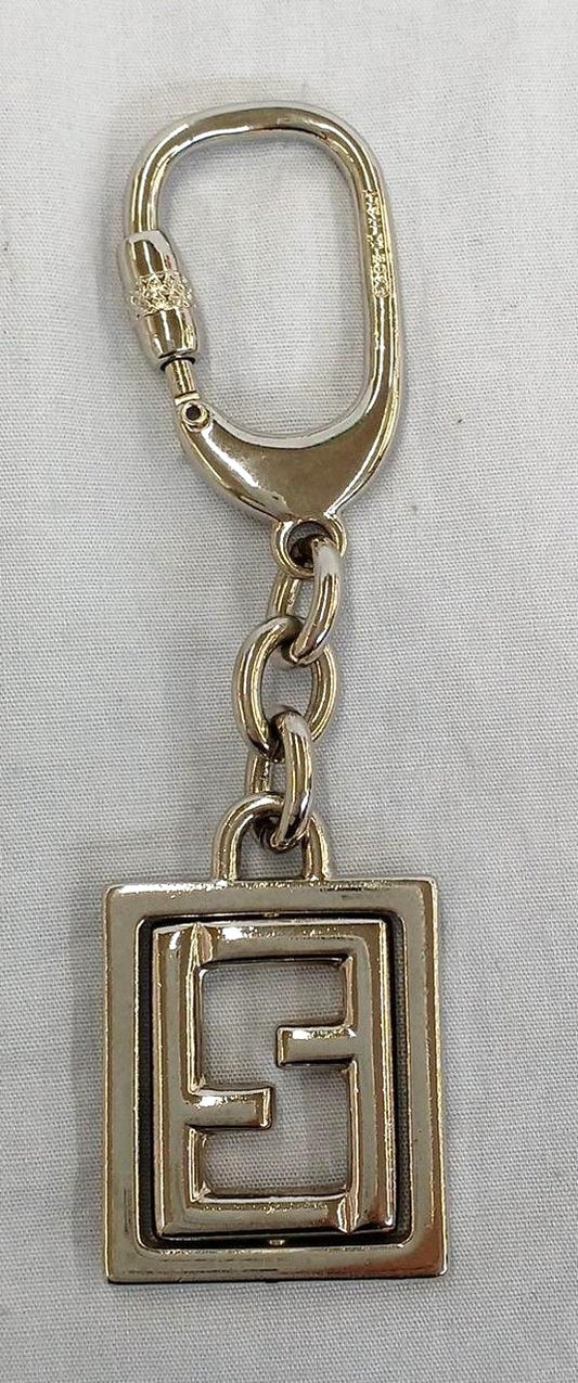 FENDI Zucca FF Logo Keychain Key Ring Charm Silver Tone Metal Italy Vintage
