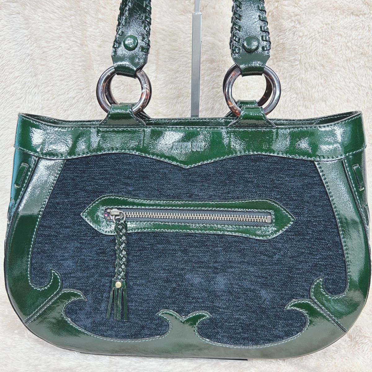 ANNA SUI Embroidered Tote Bag Dark Green Deer Floral Patent Leather Vintage