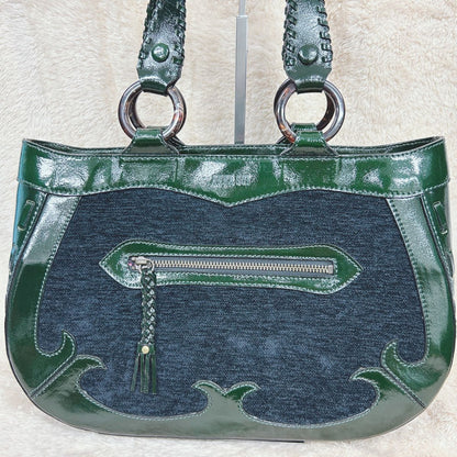 ANNA SUI Embroidered Tote Bag Dark Green Deer Floral Patent Leather Vintage