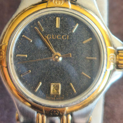 Gucci 9040L Gold Silver Tone Glitter Dial Date Quarts Watch Women With Box