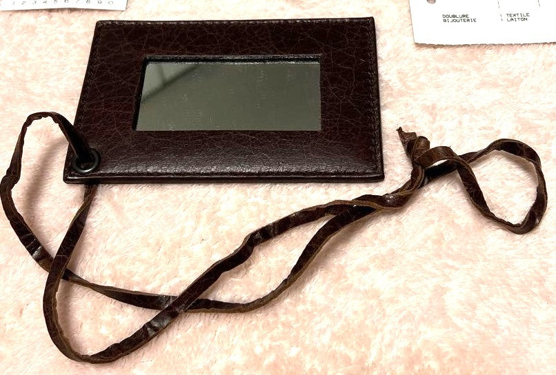 BALENCIAGA City First ID Card Holder Neck Strap Brown Lamb Leather Authentic