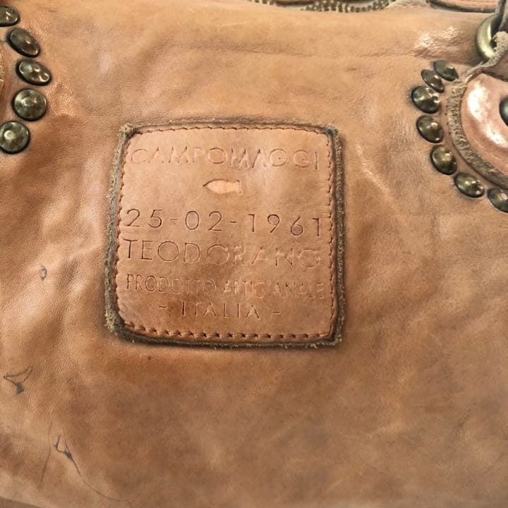 CAMPOMAGGI Studded Leather Boston Bag Camel Tan Italy 2way Vintage Distressed