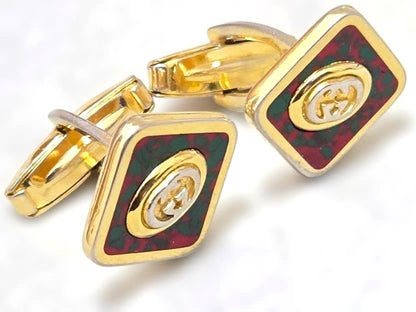GUCCI GG Logo Cufflinks Red Green Cloisonne Enamel Gold Tone Vintage Authentic