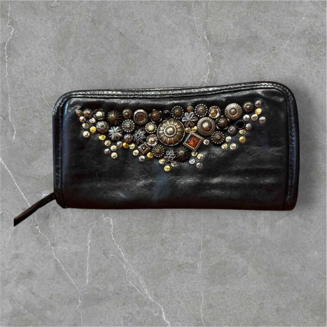 CAMPOMAGGI Studded Long Wallet Black Leather Zip Around Italy Concho Vintage