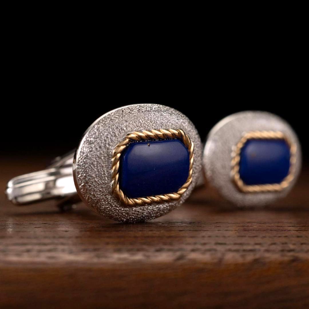 Burberry Cufflinks Lapis Lazuli Gold Silver Tone Metal Men's Oval Design