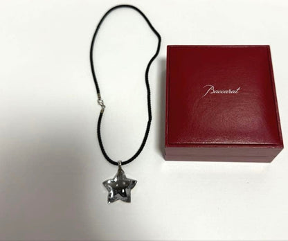 Baccarat Crystal Star Pendant Necklace Silver Tone Black Cord Star Motif Charm