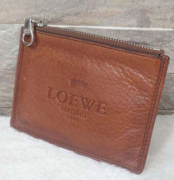 Loewe Brown Leather Embossed Coin Case Purse 12 x 9cm 4.7 x 3.5in