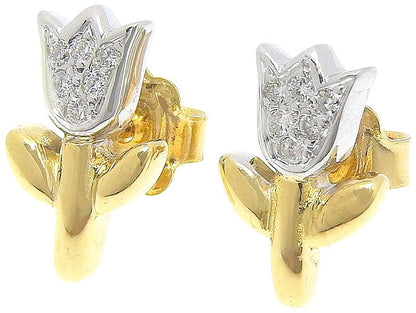 TOUS Tulip Motif Diamond Stud Earrings K18YG 18K Yellow Gold White Gold Mint