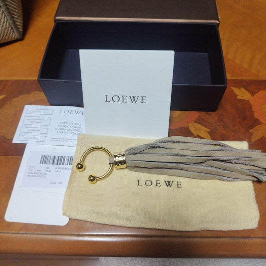 Authentic Loewe Gray Leather Gold Tone Metal Tassel Key Ring Bag Charm Vintage