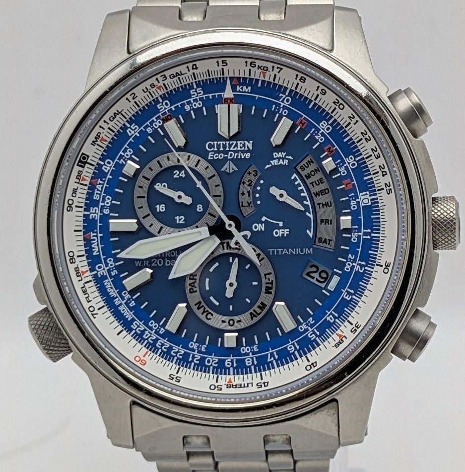 Citizen Promaster Sky PMP56-2902 Eco-Drive Radio Titanium Pilot Blue Dial Used