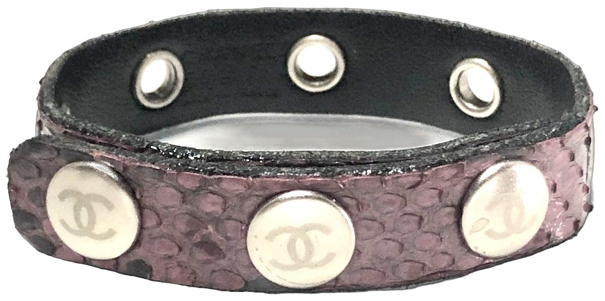 CHANEL CC Logo Bracelet Bangle Purple Exotic Embossed Leather Silver Studs