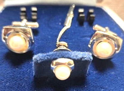 Mikimoto Pearl Silver Cufflinks Tie Tack Pin Set Mitsukoshi Box Vintage Japan