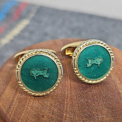 CELINE Carriage Logo Cufflinks Emerald Green Gold Tone Vintage Mens Accessory