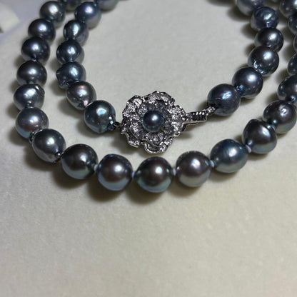 Akoya Pearl Necklace Blue Gray 7.6-7.9mm 17in. Silver Clasp Japan Used Authentic