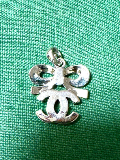CHANEL Vintage CC Logo Bow Pendant Top Silver Rhinestone Charm Authentic Used