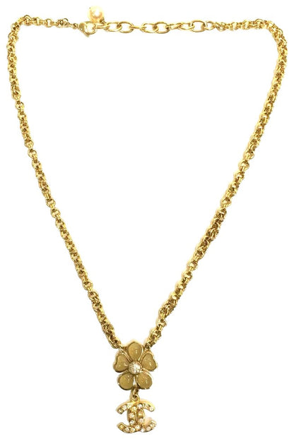 CHANEL CC Logo Flower Pendant Necklace Gold Tone Crystal Cream Enamel Authentic