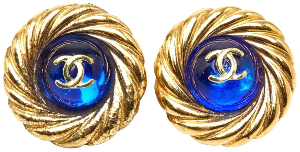CHANEL CC Logo Gripoix Vintage Round Clip Earrings Gold Blue Glass France