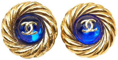 CHANEL CC Logo Gripoix Vintage Round Clip Earrings Gold Blue Glass France