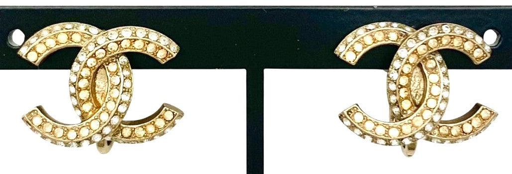 CHANEL CC Logo Earrings 11P Crystal Rhinestone Double Row Gold Tone Authentic