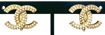 CHANEL CC Logo Earrings 11P Crystal Rhinestone Double Row Gold Tone Authentic