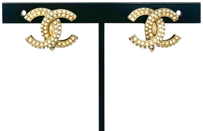 CHANEL CC Logo Earrings 11P Crystal Rhinestone Double Row Gold Tone Authentic