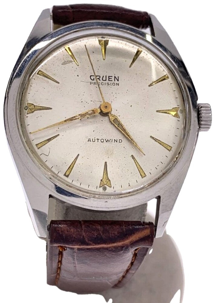 GRUEN Precision Autowind Vintage Automatic Watch Silver Dial Brown Leather Swiss