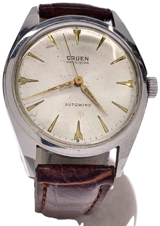 GRUEN Precision Autowind Vintage Automatic Watch Silver Dial Brown Leather Swiss