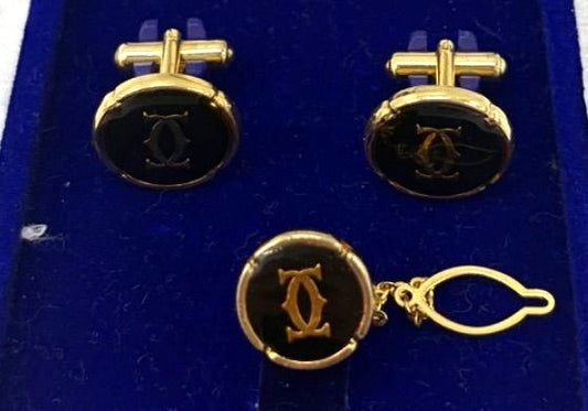 Cartier Cufflinks Tie Pin 3pc Set Gold Black Enamel 2C Logo Mens Case Vintage