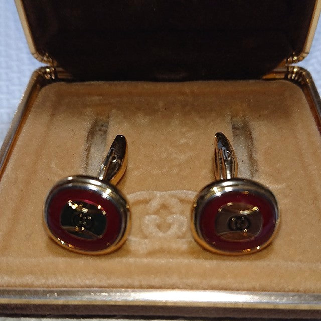 GUCCI Vintage Old Gucci GG Logo Cufflinks Red Enamel Gold Tone Authentic Italy