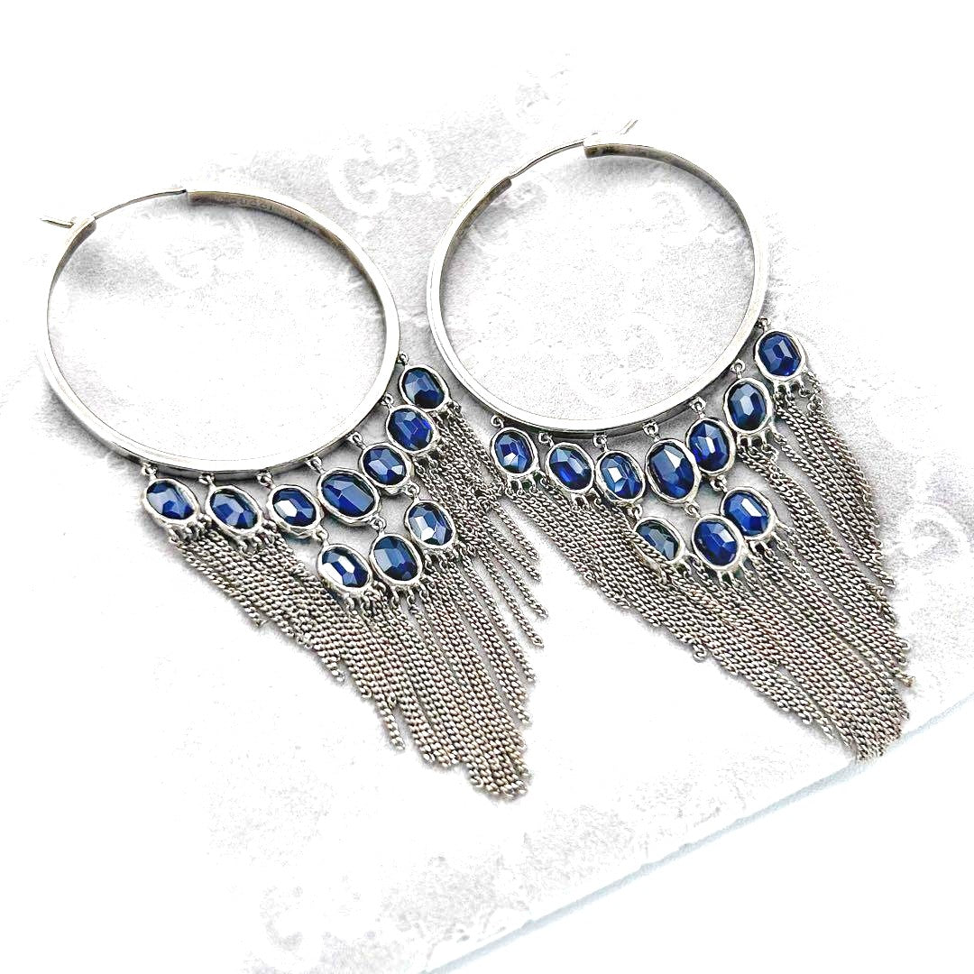 GUCCI 925 Silver Chandelier Hoop Earrings Navy Blue Stone Fringe Chain 9.5cm