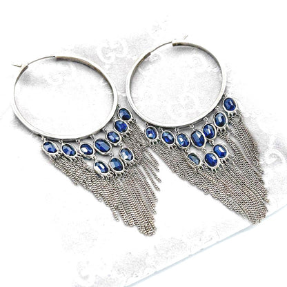 GUCCI 925 Silver Chandelier Hoop Earrings Navy Blue Stone Fringe Chain 9.5cm