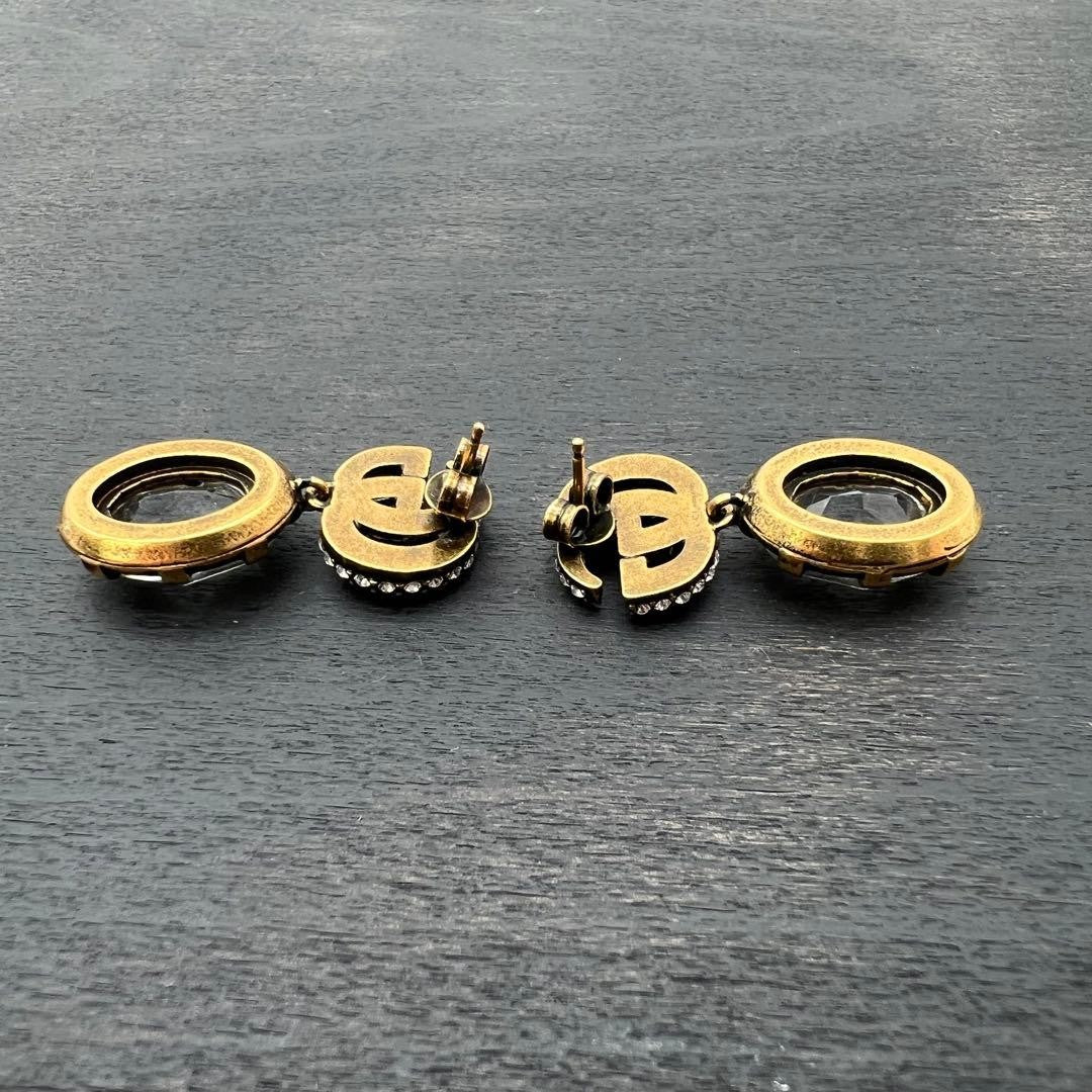 GUCCI Interlocking GG Crystal Drop Earrings Gold Rhinestone Vintage Auth Japan