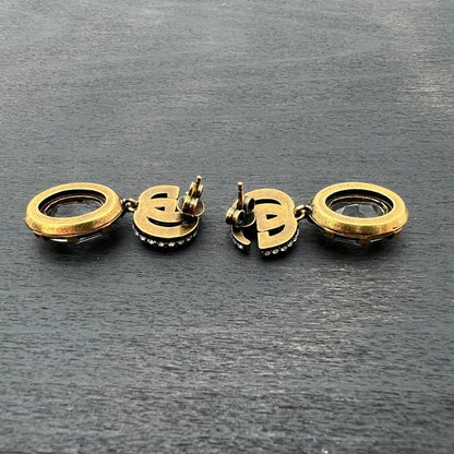 GUCCI Interlocking GG Crystal Drop Earrings Gold Rhinestone Vintage Auth Japan