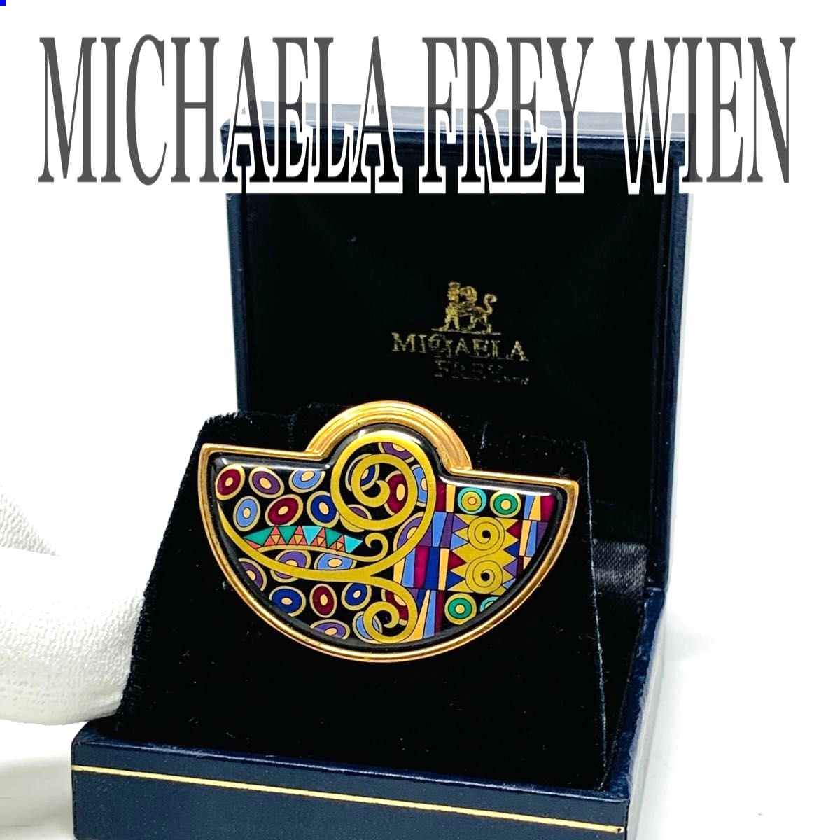 MICHAELA FREY WIEN Vintage Enamel Brooch Pin Geometric Fan Gold Tone Austria