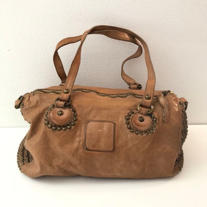 CAMPOMAGGI Studded Leather Boston Bag Camel Tan Italy 2way Vintage Distressed