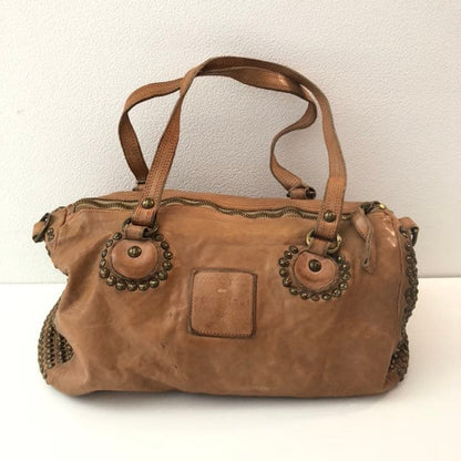 CAMPOMAGGI Studded Leather Boston Bag Camel Tan Italy 2way Vintage Distressed