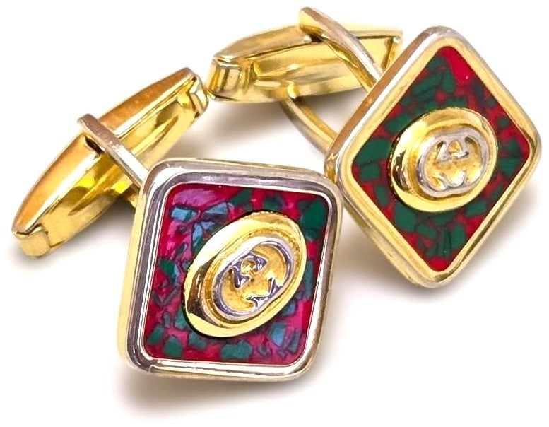 GUCCI GG Logo Cufflinks Red Green Cloisonne Enamel Gold Tone Vintage Authentic