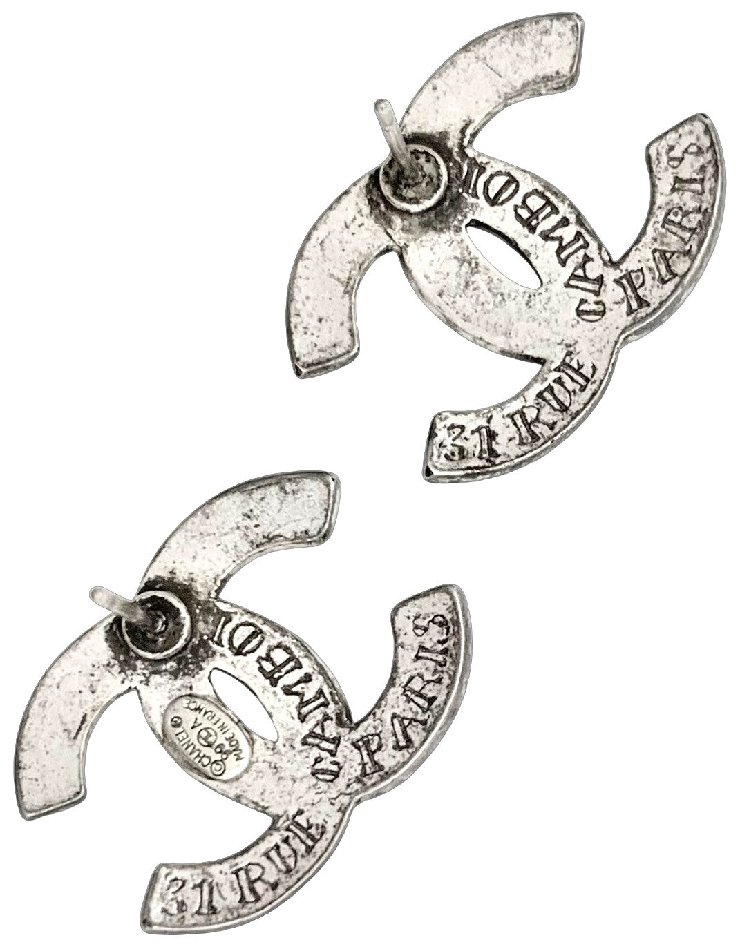 CHANEL 99A CC Logo Alphabet Silver Tone Stud Earrings Vintage Authentic