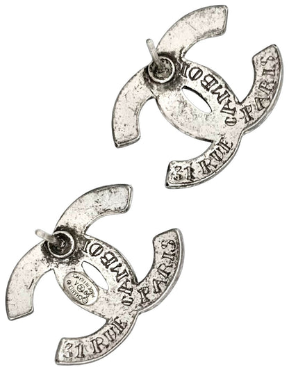 CHANEL 99A CC Logo Alphabet Silver Tone Stud Earrings Vintage Authentic