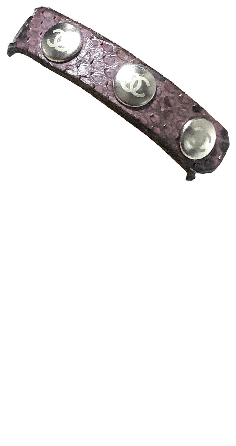CHANEL CC Logo Bracelet Bangle Purple Exotic Embossed Leather Silver Studs