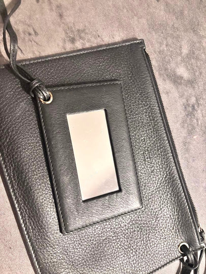 BALENCIAGA Flat Pouch Mirror Set Black Leather Logo Embossed Zip Clutch Bag