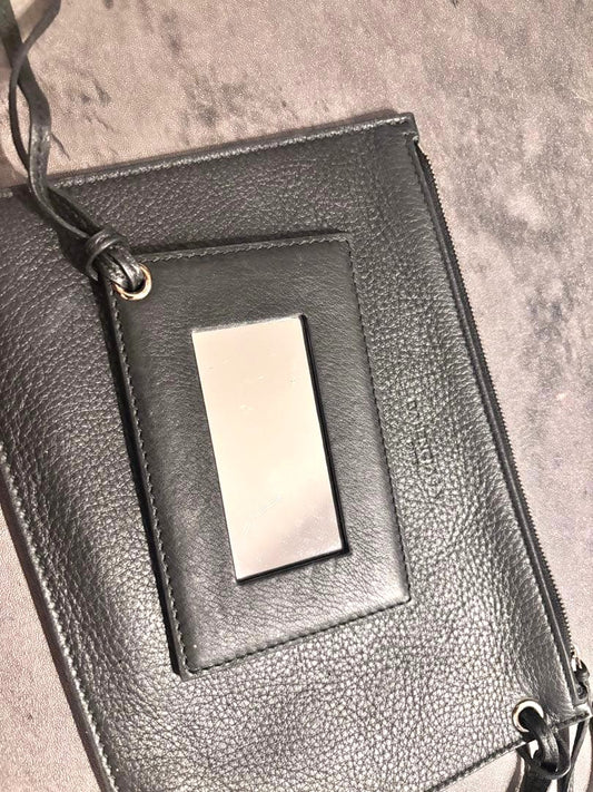 BALENCIAGA Flat Pouch Mirror Set Black Leather Logo Embossed Zip Clutch Bag