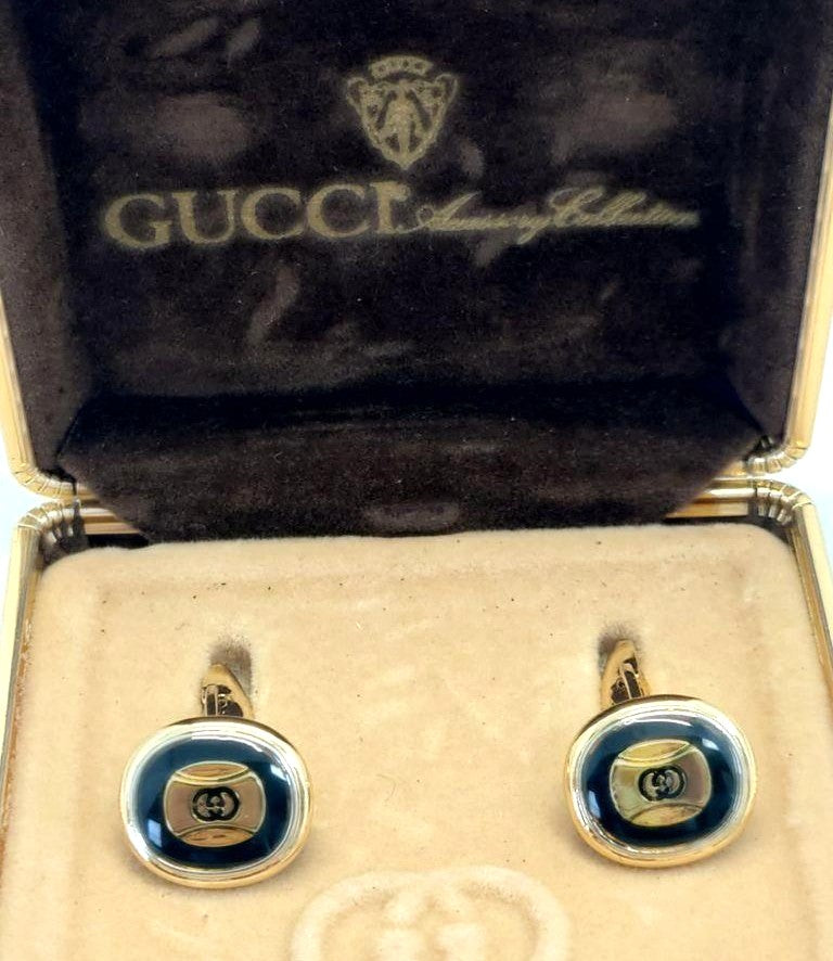 GUCCI Accessory Collection Cufflinks Navy Blue Gold Silver Enamel Vintage Italy