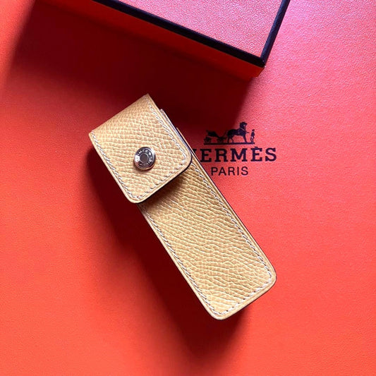 Hermes Auth Leather Lipstick Case Yellow Small Accessory With Box Used